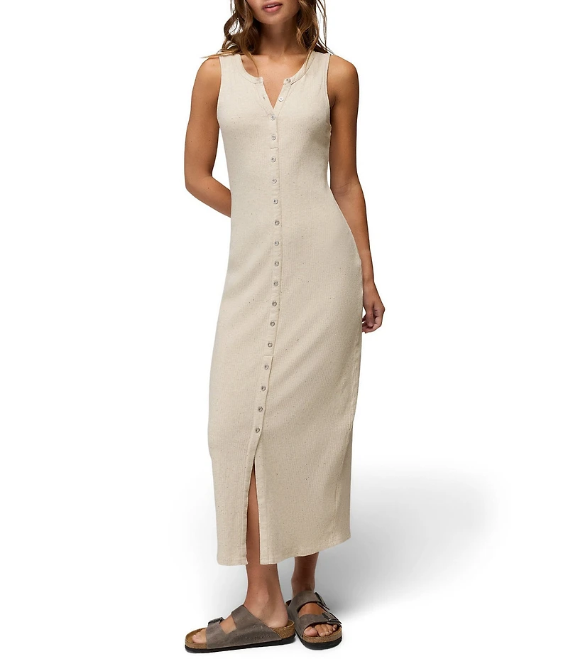prAna Cambria Cove Ribbed Organic Cotton Crew Neck Button Front Maxi Dress