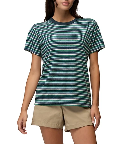 prAna Cozy Up Jersey Knit Stripe Print Crew Neck Short Sleeve Tee