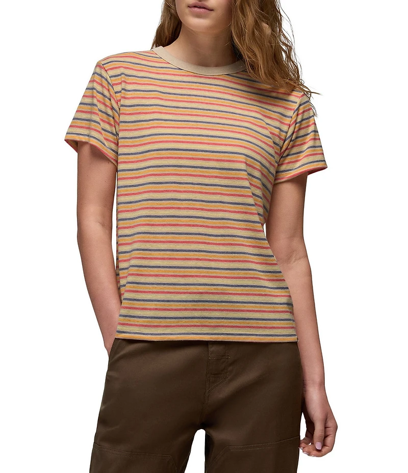 prAna Cozy Up Jersey Knit Stripe Print Crew Neck Short Sleeve Tee