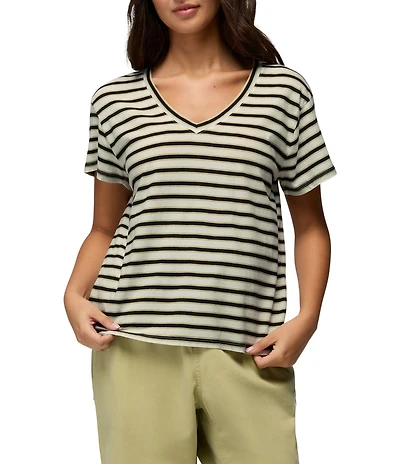 prAna Everyday Organic Cotton Jersey Vintage Wash Stripe Print V-Neck Short Sleeve Tee