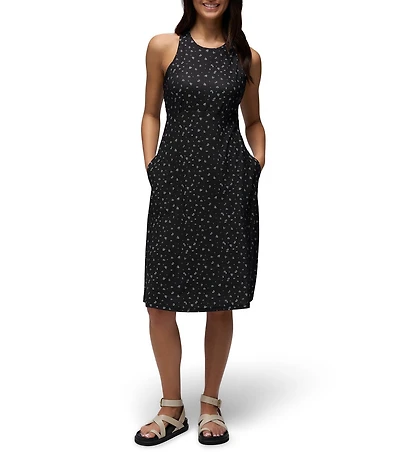 prAna Jewel Lake Soft Stretch Black Spring Fling Printed Scoop Neck Twisted Back Dress