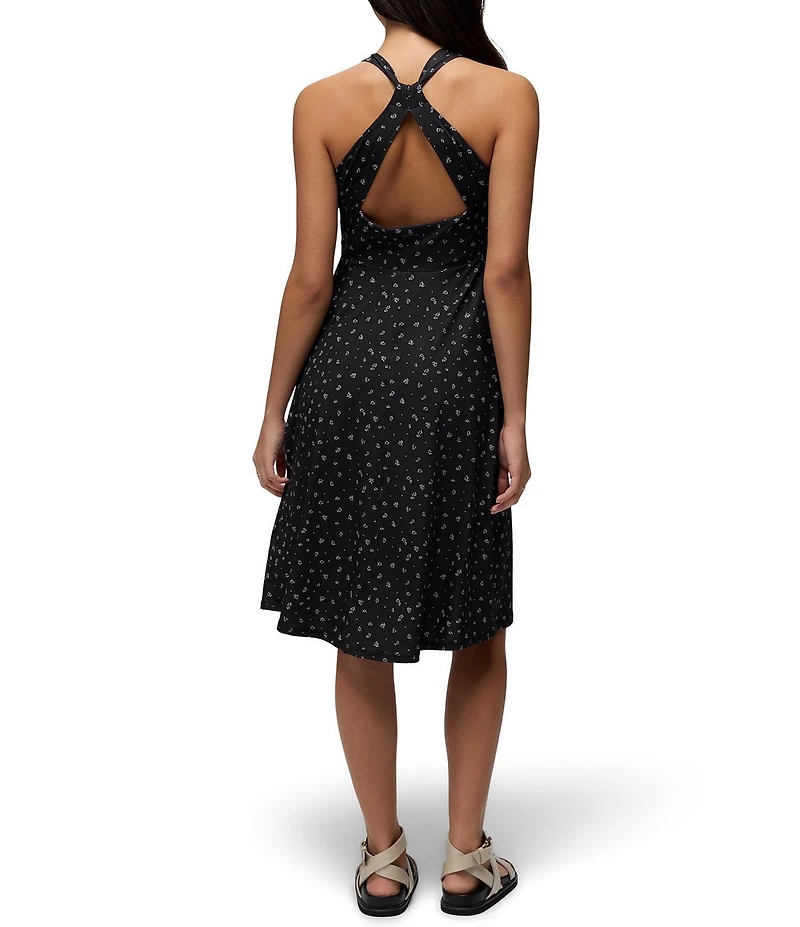 prAna Jewel Lake Soft Stretch Black Spring Fling Printed Scoop Neck Twisted Back Dress