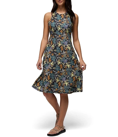 prAna Jewel Lake Soft Stretch Black Summer Nights Printed Scoop Neck Twisted Back Dress