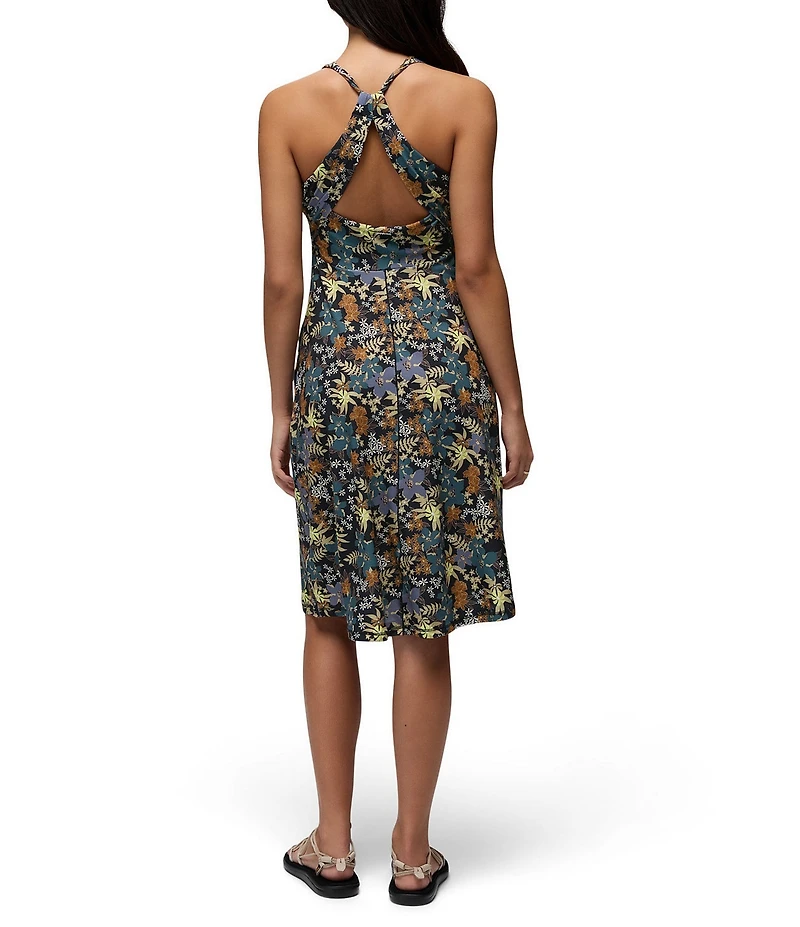 prAna Jewel Lake Soft Stretch Black Summer Nights Printed Scoop Neck Twisted Back Dress