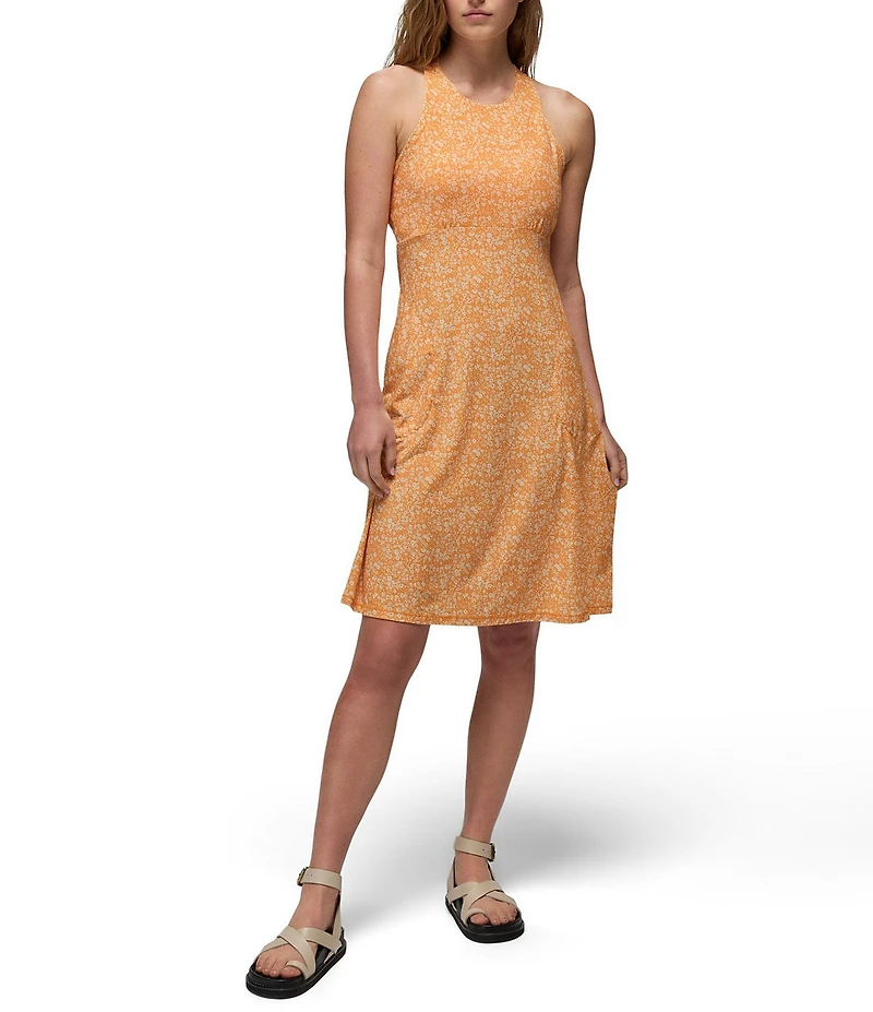 prAna Jewel Lake Soft Stretch Mango Blossom Printed Scoop Neck Twisted Back Dress