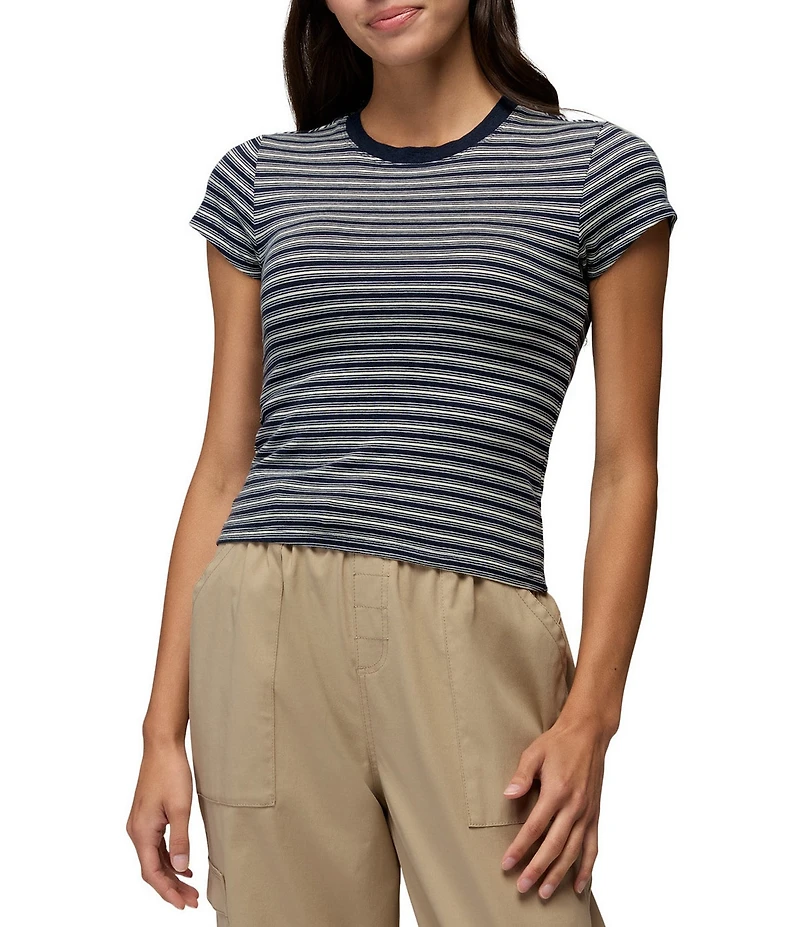 prAna Lotus Soft Stretch Stripe Print Banded Crew Neck Short Sleeve Fitted Tee