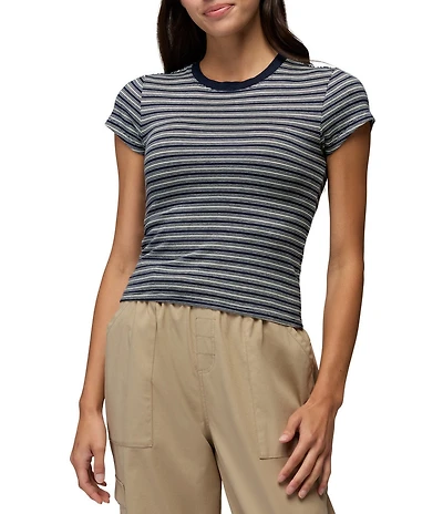 prAna Lotus Soft Stretch Stripe Print Banded Crew Neck Short Sleeve Fitted Tee