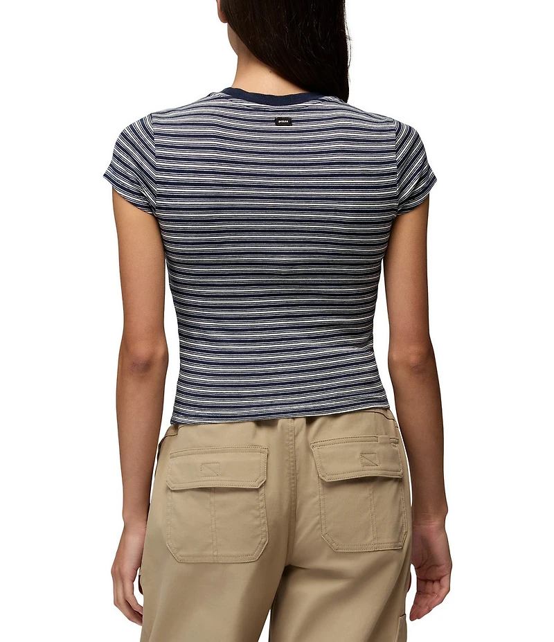 prAna Lotus Soft Stretch Stripe Print Banded Crew Neck Short Sleeve Fitted Tee