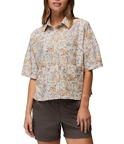 prAna Railay Camp Short Sleeve Beach Pebble Vacation Printed Button Front Crop Top