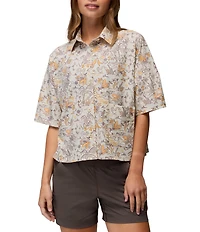 prAna Railay Camp Short Sleeve Beach Pebble Vacation Printed Button Front Crop Top