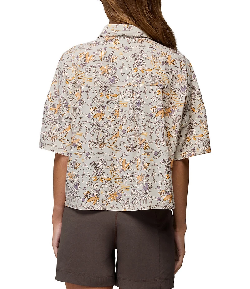 prAna Railay Camp Short Sleeve Beach Pebble Vacation Printed Button Front Crop Top