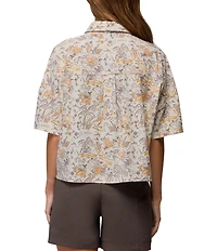 prAna Railay Camp Short Sleeve Beach Pebble Vacation Printed Button Front Crop Top
