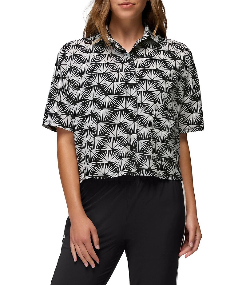 prAna Railay Camp Short Sleeve Black Sunburst Printed Button Front Crop Top
