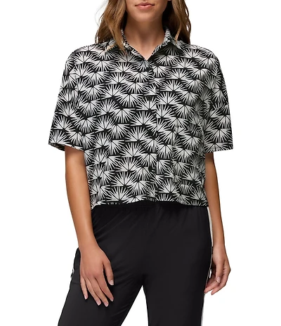 prAna Railay Camp Short Sleeve Black Sunburst Printed Button Front Crop Top