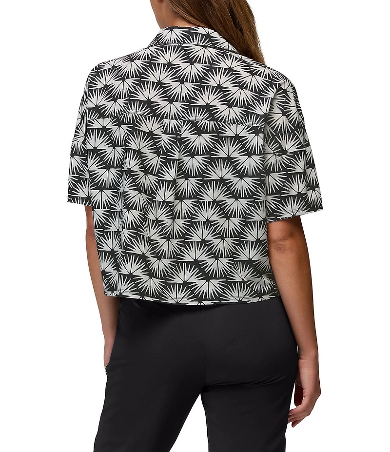 prAna Railay Camp Short Sleeve Black Sunburst Printed Button Front Crop Top