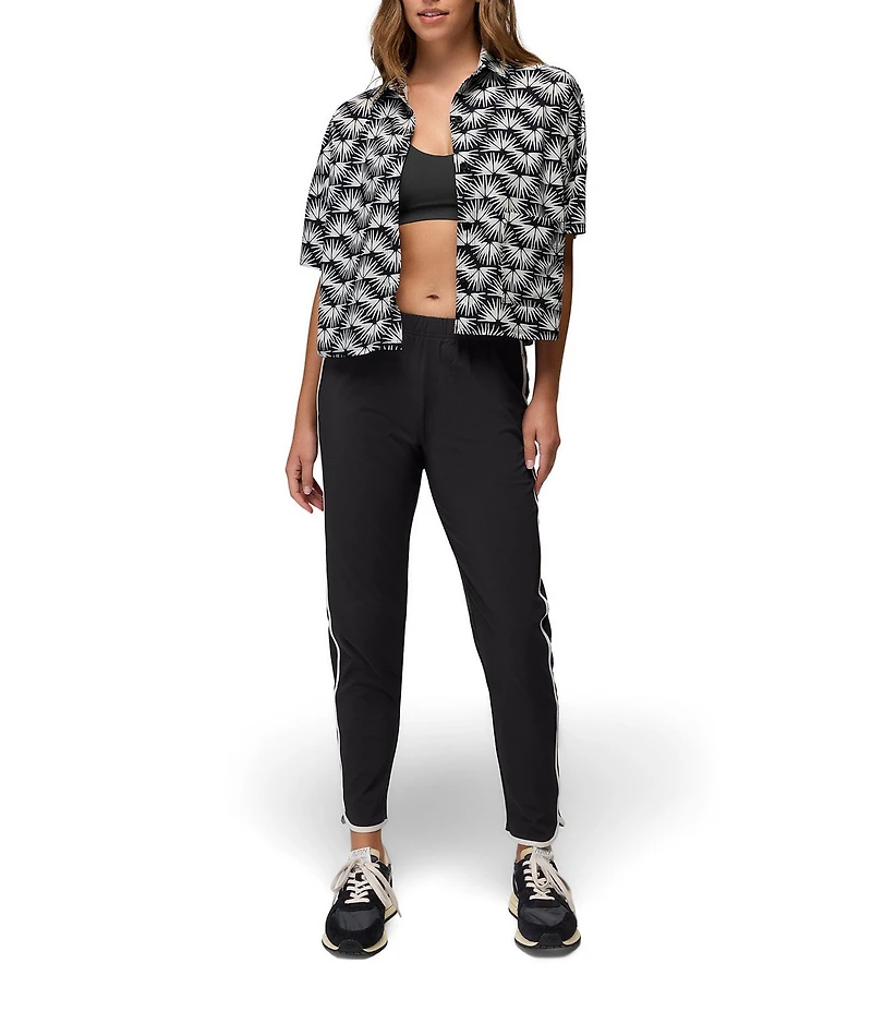 prAna Railay Camp Short Sleeve Black Sunburst Printed Button Front Crop Top
