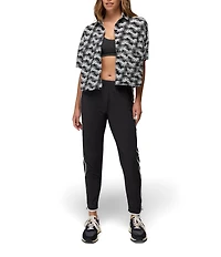 prAna Railay Camp Short Sleeve Black Sunburst Printed Button Front Crop Top