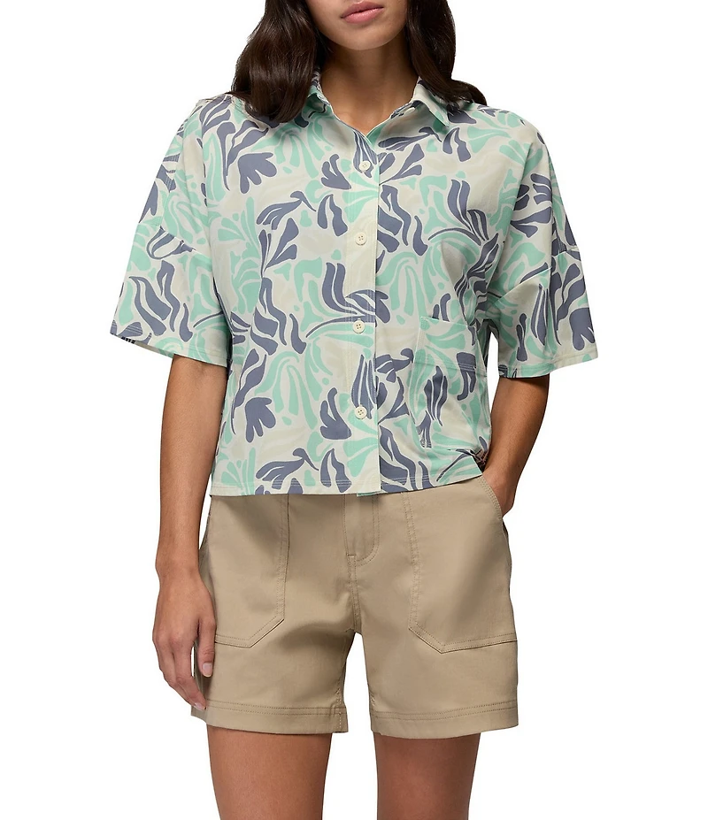 prAna Railay Camp Short Sleeve Sea Glass Seaweed Printed Button Front Crop Top