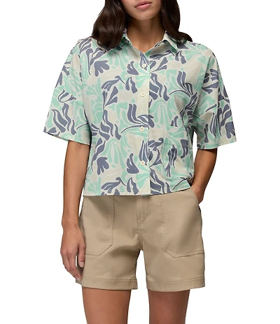 prAna Railay Camp Short Sleeve Sea Glass Seaweed Printed Button Front Crop Top