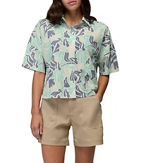 prAna Railay Camp Short Sleeve Sea Glass Seaweed Printed Button Front Crop Top
