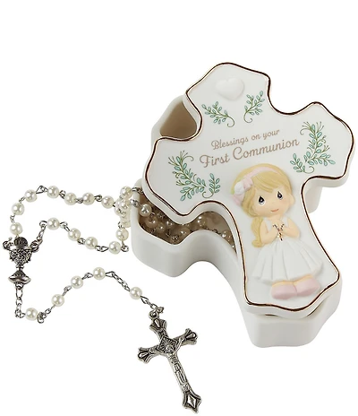 Precious Moments Blessings On Your First Communion Girl Cross-Shaped Rosary Box With Rosary