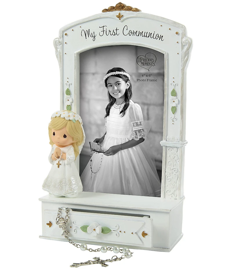 Precious Moments My First Communion Photo Frame with Drawer and White Rosary, Set of 2