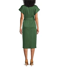 Preston & York Abbott Belted Sheath Point Collar Short Sleeve Midi Dress