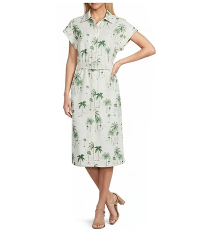 Preston & York Abbott Collar Neckline Cap Sleeve Tropical Printed Stretch Belted Linen Midi Dress