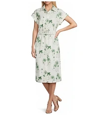 Preston & York Abbott Collar Neckline Cap Sleeve Tropical Printed Stretch Belted Linen Midi Dress