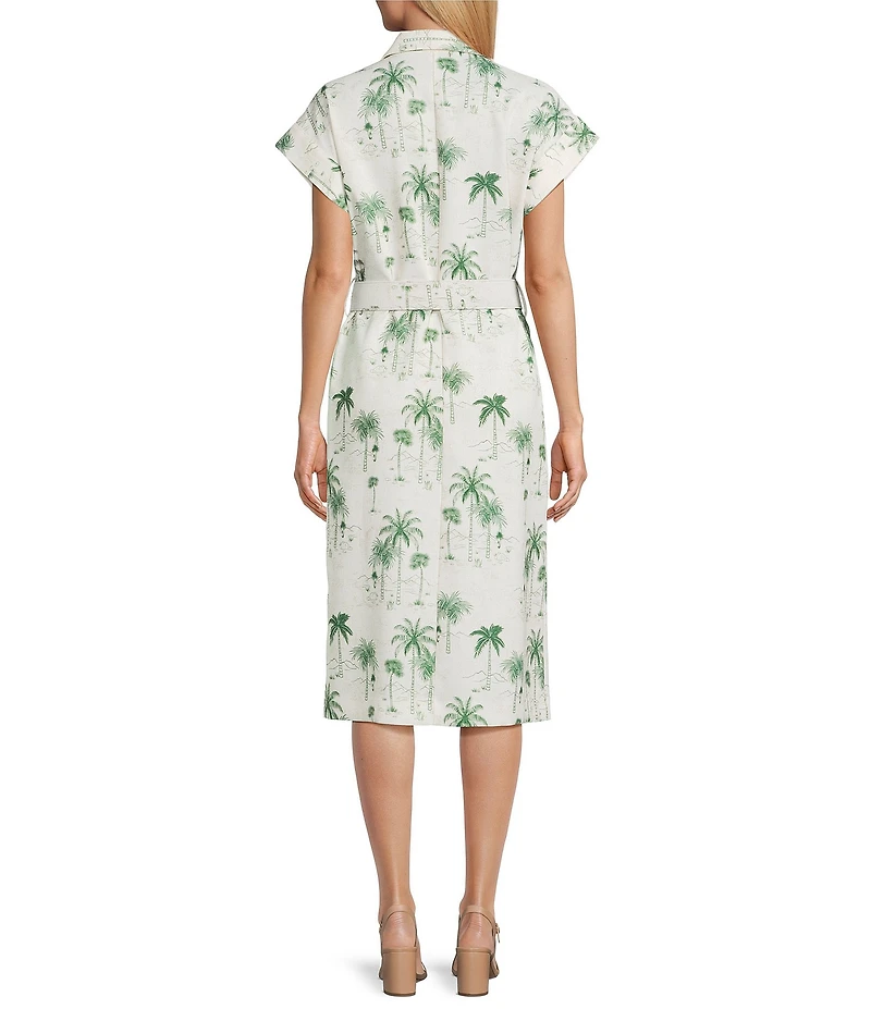 Preston & York Abbott Collar Neckline Cap Sleeve Tropical Printed Stretch Belted Linen Midi Dress