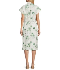 Preston & York Abbott Collar Neckline Cap Sleeve Tropical Printed Stretch Belted Linen Midi Dress