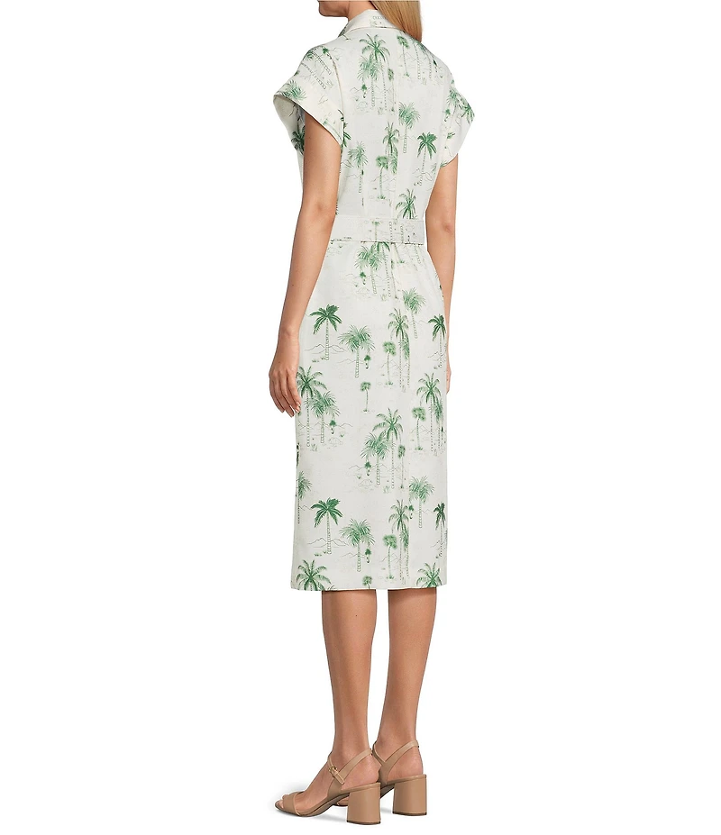 Preston & York Abbott Collar Neckline Cap Sleeve Tropical Printed Stretch Belted Linen Midi Dress