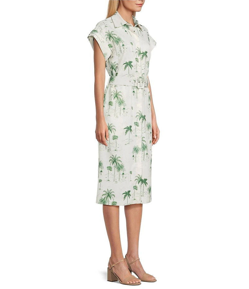 Preston & York Abbott Collar Neckline Cap Sleeve Tropical Printed Stretch Belted Linen Midi Dress