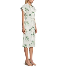 Preston & York Abbott Collar Neckline Cap Sleeve Tropical Printed Stretch Belted Linen Midi Dress