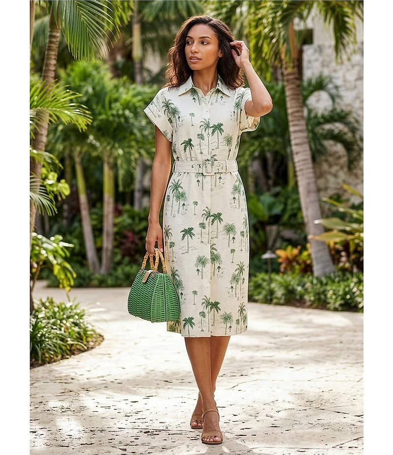 Preston & York Abbott Collar Neckline Cap Sleeve Tropical Printed Stretch Belted Linen Midi Dress
