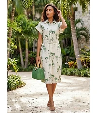 Preston & York Abbott Collar Neckline Cap Sleeve Tropical Printed Stretch Belted Linen Midi Dress