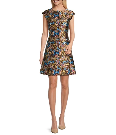 Preston & York Anita Crew Neck Cap Sleeve Sheath Print Mikado Dress