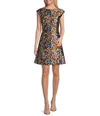 Preston & York Anita Crew Neck Cap Sleeve Sheath Print Mikado Dress