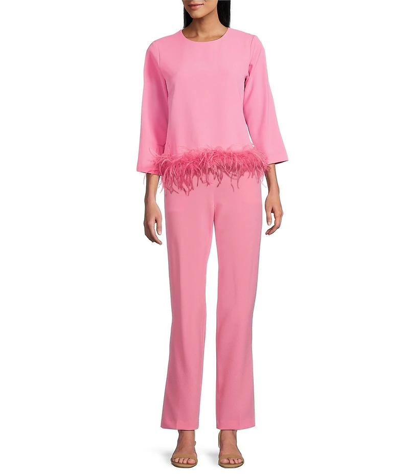 Preston & York Betty Round Neckline Long Sleeve Stretch Crepe Feather Blouse