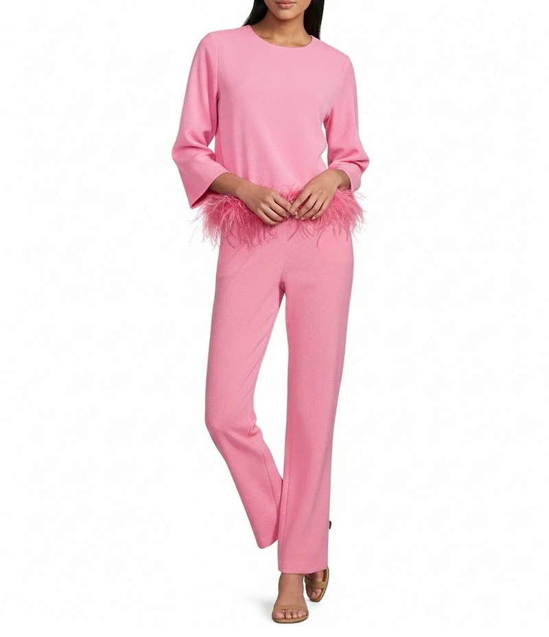 Preston & York Betty Round Neckline Long Sleeve Stretch Crepe Feather Blouse