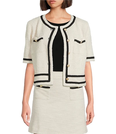 Preston & York Coordinating Brigid Knit Tweed Button Front Double Pocket Short Sleeve Jacket
