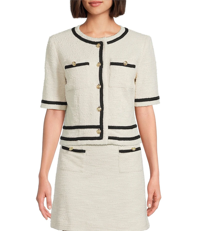 Preston & York Coordinating Brigid Knit Tweed Button Front Double Pocket Short Sleeve Jacket