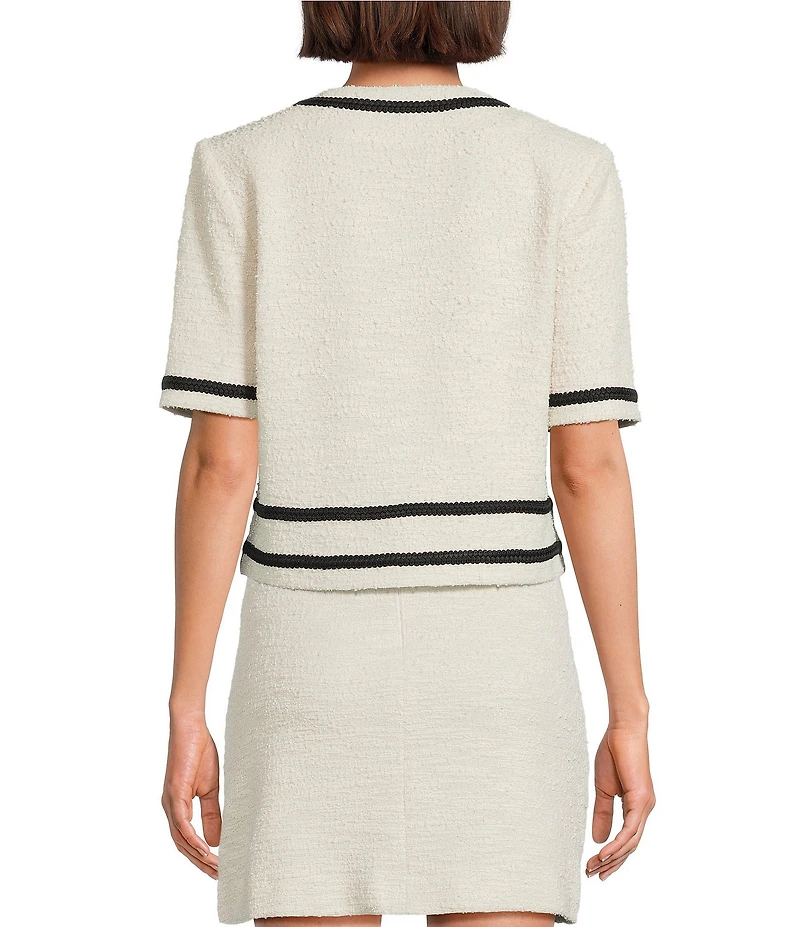 Preston & York Coordinating Brigid Knit Tweed Button Front Double Pocket Short Sleeve Jacket