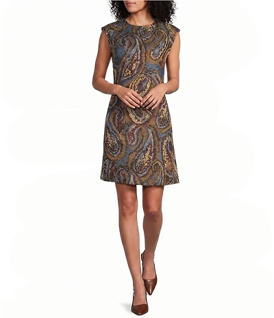 Preston & York Coordinating Carol Paisley Tweed Jewel Neck Sleeveless Dress