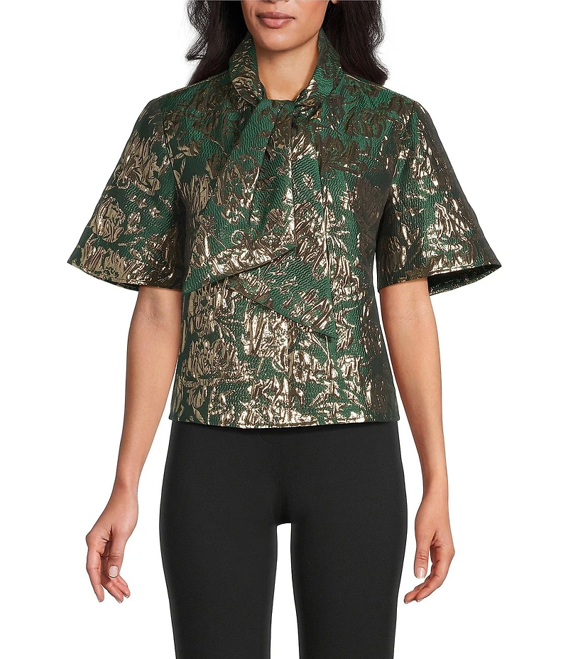 Preston & York Coordinating Celeste Tie Neck Short Sleeve Metallic Jacquard Blouse
