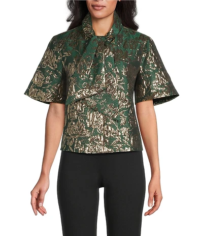 Preston & York Coordinating Celeste Tie Neck Short Sleeve Metallic Jacquard Blouse