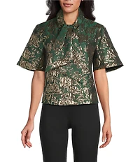 Preston & York Coordinating Celeste Tie Neck Short Sleeve Metallic Jacquard Blouse