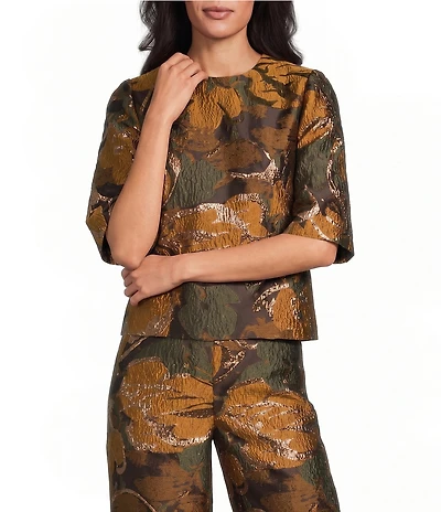Preston & York Coordinating Esra Autumn Floral Jewel Neckline Short Sleeve Top