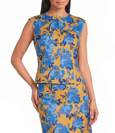 Preston & York Coordinating Ivette Jewel Neckline Sleeveless Printed Stretch Linen Vest