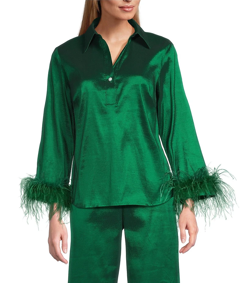 Preston & York Coordinating Thea Feather Collar 3/4 Sleeve Stretch Taffeta Blouse